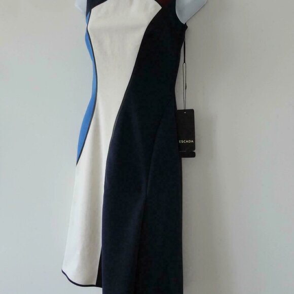NWT ESCADA Blue Multi Virgin Wool Midnight Round Neck Sleeveless Dratta Dress 32 - Picture 2 of 8